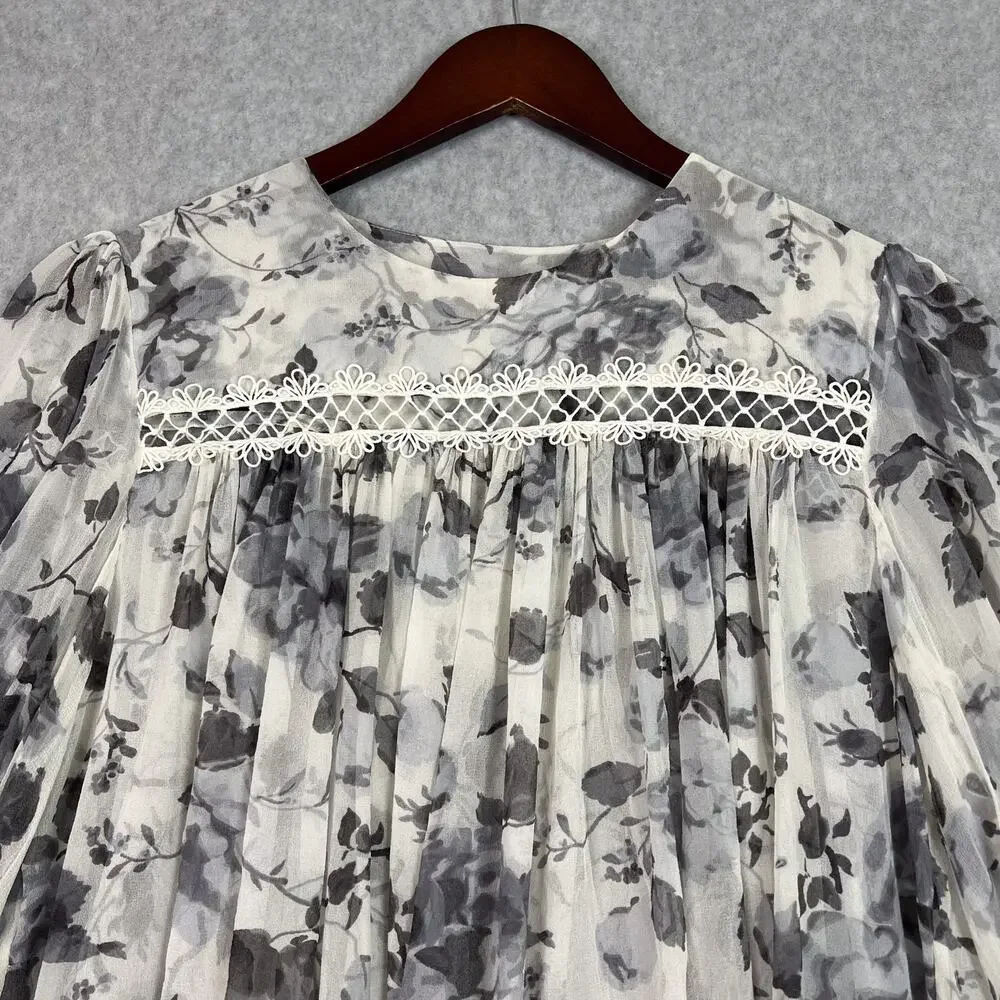 Zimmermann White Grey Floral Havoc Picot Silk Long Sleeve Blouse Size 3 - Picture 3 of 9